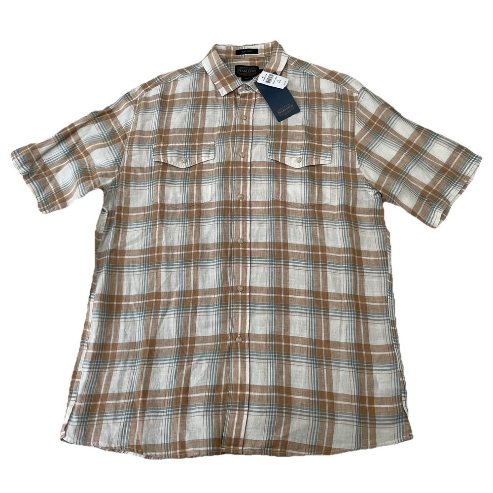 NWT Pendleton Malone 100% Linen Short Sleeve Button Up Shirt Large Plaid Pockets